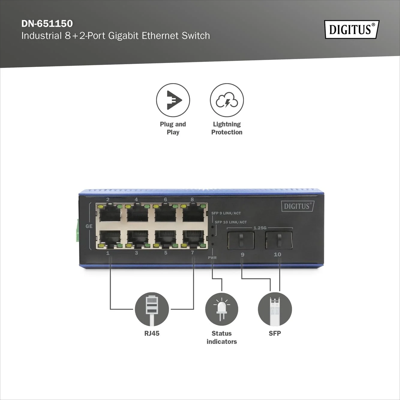 سوئیچ شبکه DIGITUS - اترنت گیگابیتی 10 پورت - 8 پورت RJ45 + 2 پورت SFP - IP40 - 10/100/1000 مگابیت بر ثانیه - نصب روی ریل DIN - سری صنعتی - مشکی/آبی
