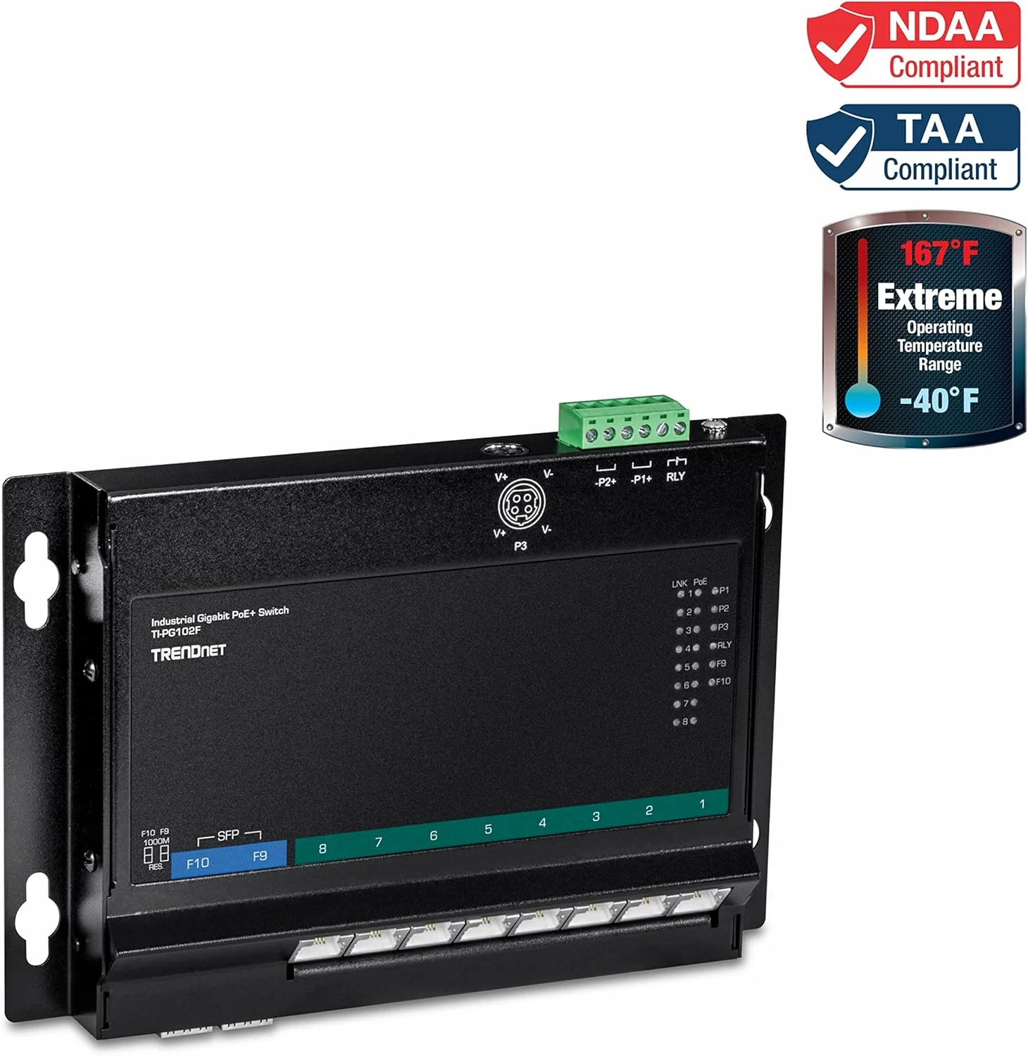 سوئیچ 10 پورت گیگابیتی صنعتی PoE+ ترندنت مدل TI-PG102F با قابلیت نصب دیواری و دسترسی از جلو، دارای 8 پورت گیگابیتی PoE+، 2 اسلات گیگابیتی SFP، بودجه PoE 240 واتی، ریل DIN، محافظت IP30 سوئیچ 10 پورت گیگابیتی صنعتی PoE+ ترندنت مدل TI-PG102F با قابلیت نصب دیواری و دسترسی از جلو، دارای 8 پورت گیگابیتی PoE+، 2 اسلات گیگابیتی SFP، بودجه PoE 240 واتی، ریل DIN، محافظت IP30
