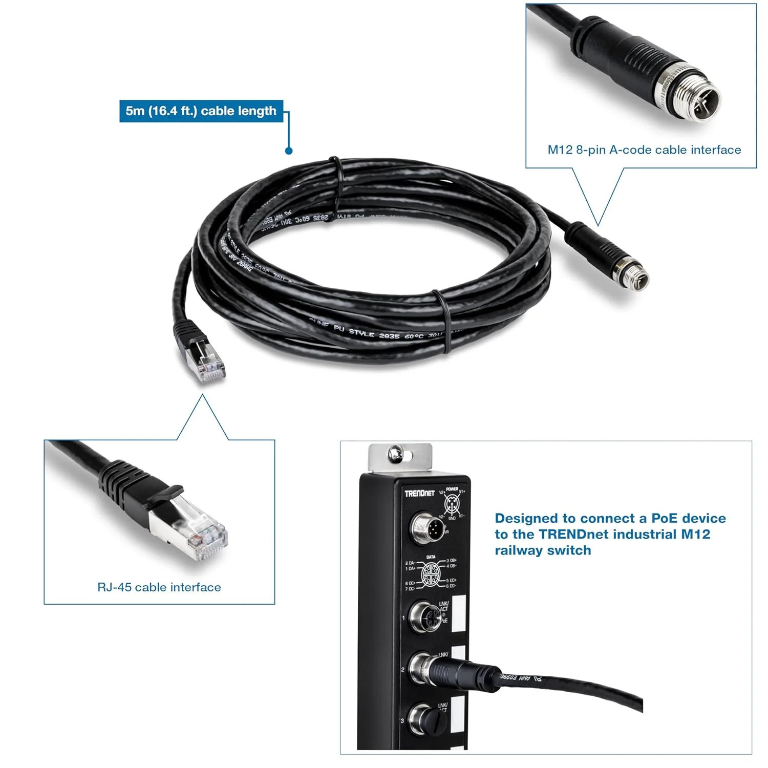 کابل اترنت صنعتی M12 به RJ-45 ترندنت، 5 متری، مدل TI-CD05