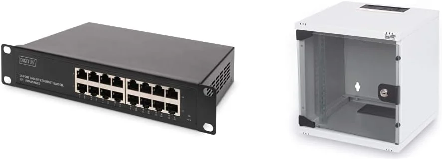 سوئیچ شبکه گیگابیتی اترنت DIGITUS - 16 پورت - غیر مدیریتی - مشکی و رک شبکه 10 اینچی - 6 یونیت - نصب دیواری - خاکستری