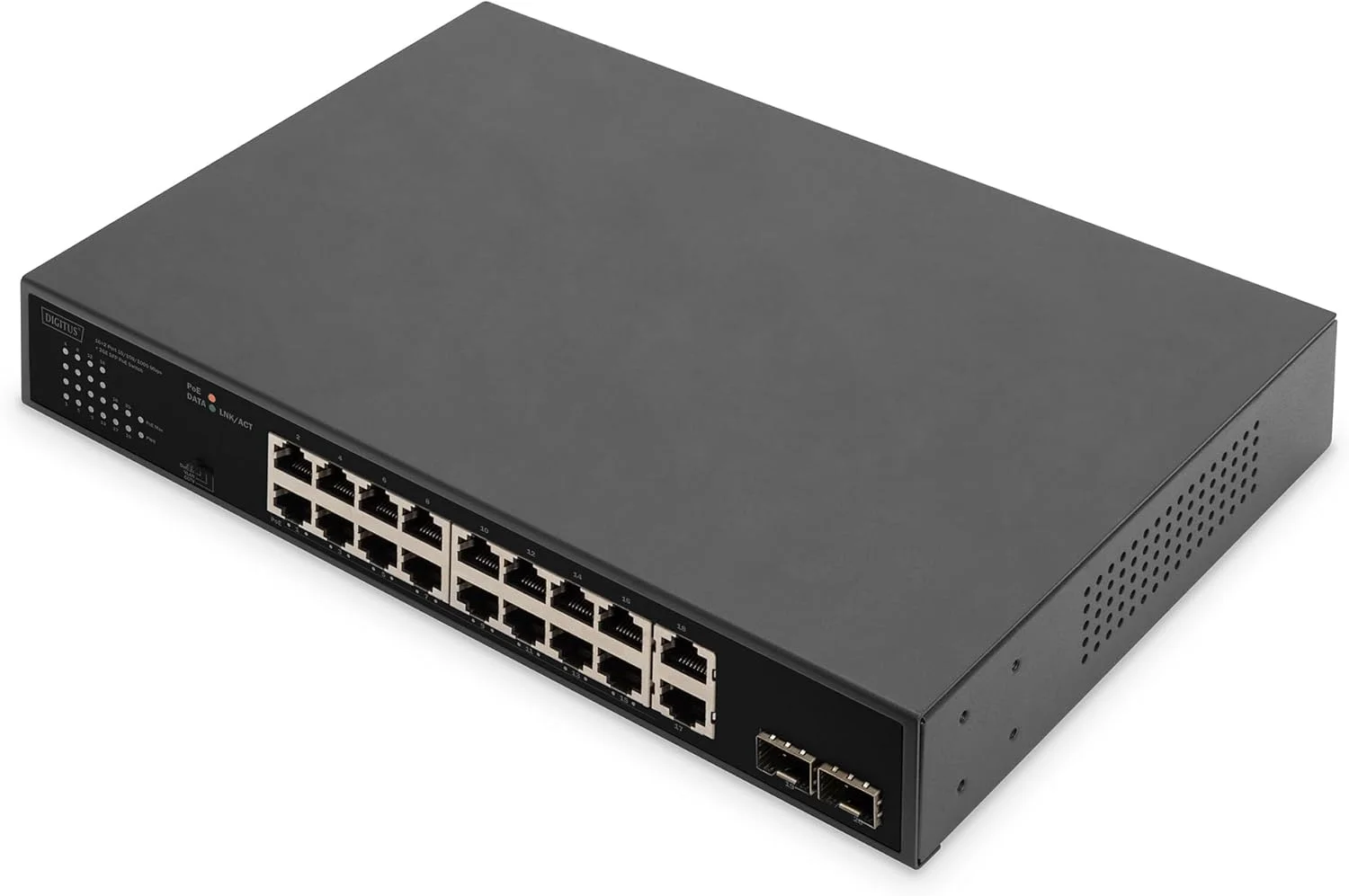 سوییچ DIGITUS با 16 پورت PoE 10/100/1000 مگابیت بر ثانیه + 2 پورت گیگابیتی SFP و 2 پورت گیگابیتی 1 گیگابیت بر ثانیه