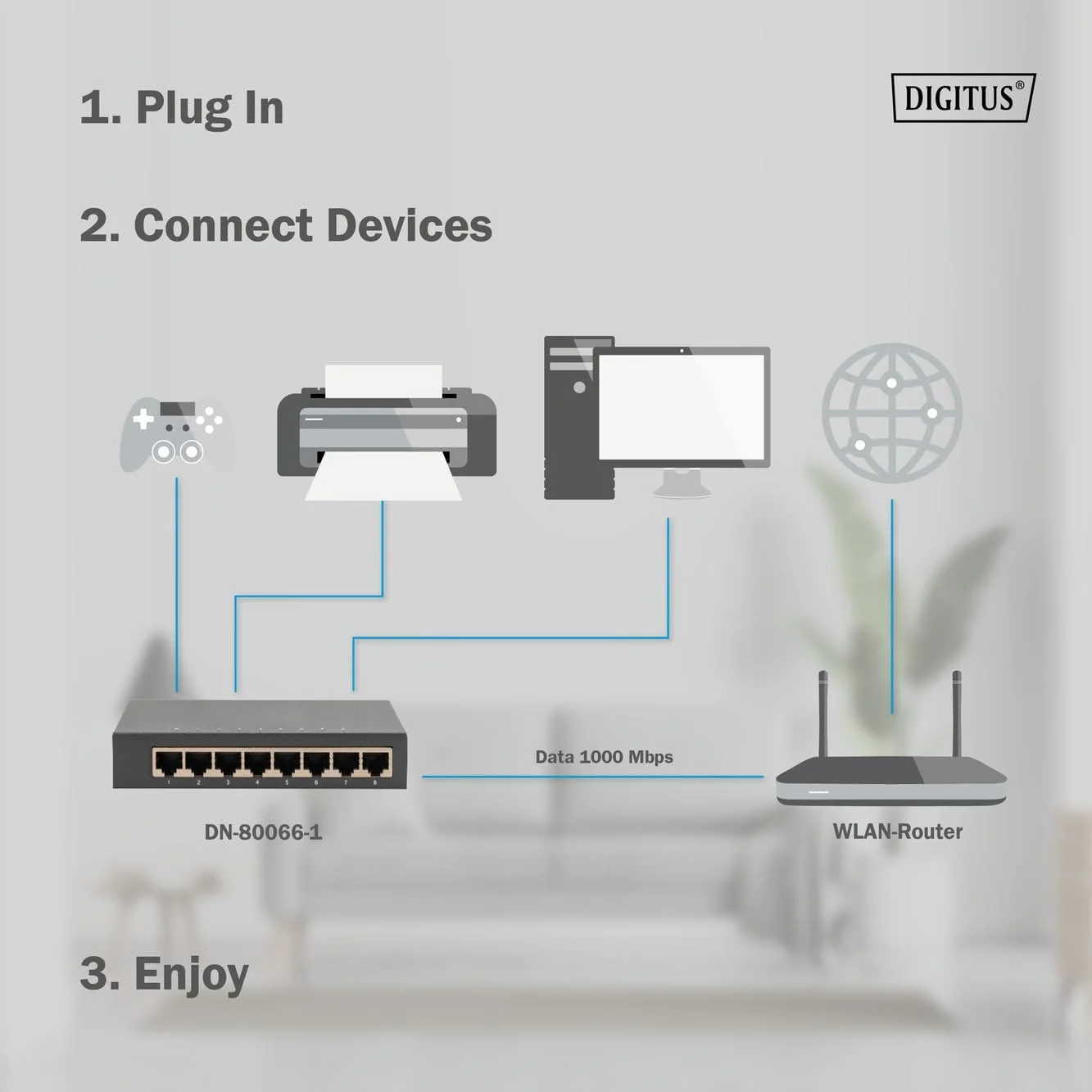 سوییچ شبکه 8 پورت DIGITUS – گیگابیت اترنت 10/100/1000 مگابیت بر ثانیه – غیر مدیریتی – Auto-MDI/MDI-X – Plug & Play – بدون فن – 8 پورت RJ45 – مشکی