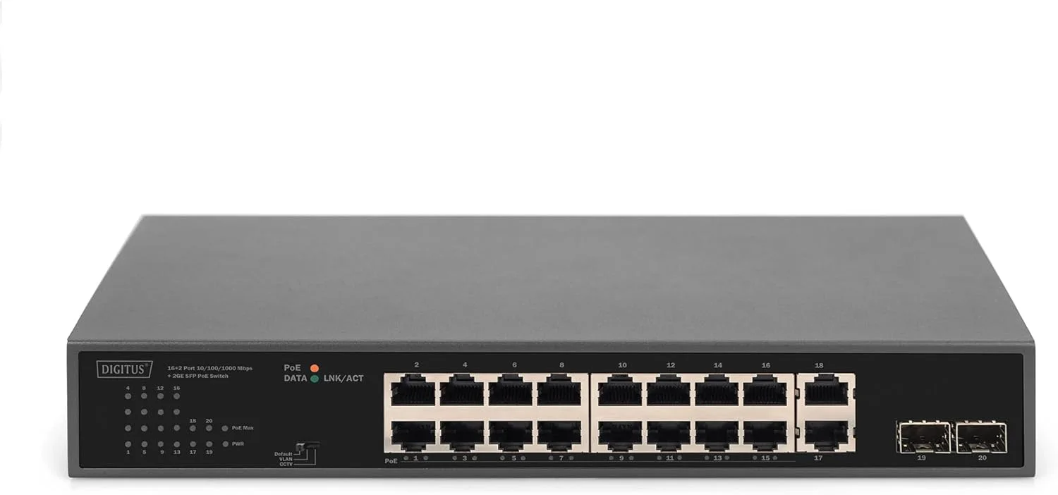 سوییچ DIGITUS با 16 پورت PoE 10/100/1000 مگابیت بر ثانیه + 2 پورت گیگابیتی SFP و 2 پورت گیگابیتی 1 گیگابیت بر ثانیه