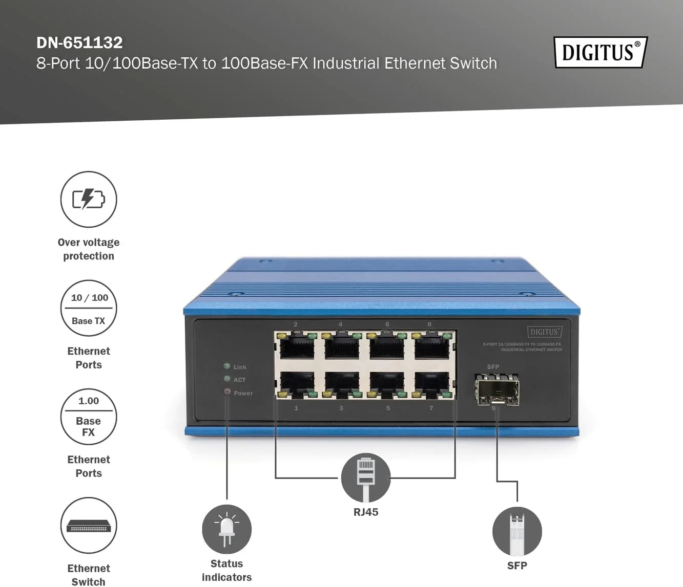 سوئیچ صنعتی اترنت 8 پورت 10/100Base-TX DC 12-52V 0,1 گیگابیت بر ثانیه DIGITUS