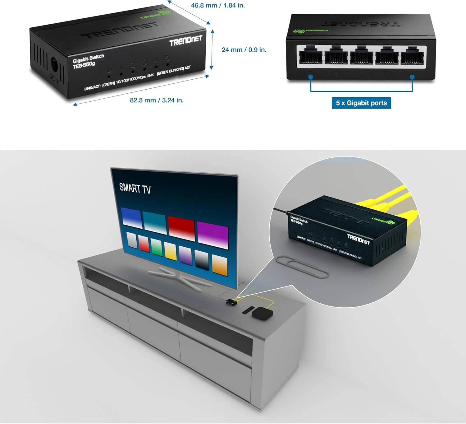ترندنت، TEG-S50g، سوئیچ مینی گیگابیتی 5 پورت، فناوری GREENnet، سوئیچ شبکه اترنت فلزی رومیزی، 5 پورت گیگابیتی، بدون فن، مشکی