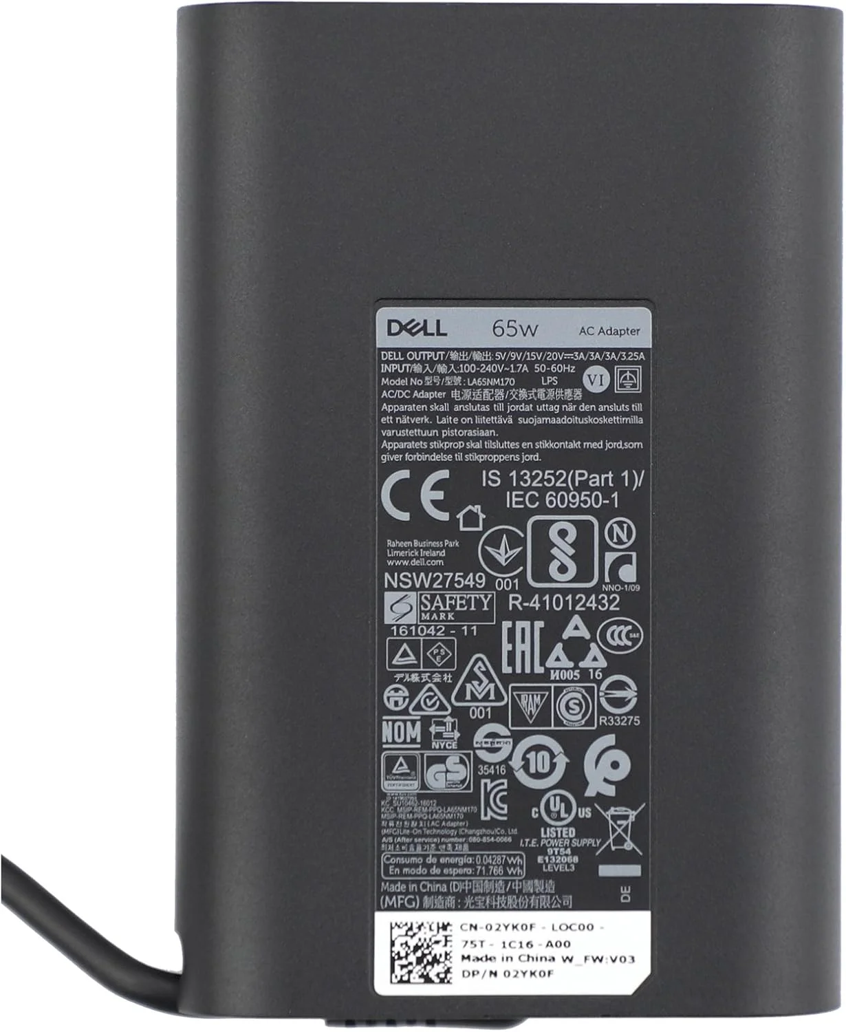 آداپتور اورجینال 65 وات دل 20 ولت 3.25 آمپر USB C مناسب برای Dell Latitude 12 7275 5280 7280, Latitude 13 7370, Latitude 14 5480 7480 LA65NM170, 2YKOF, 02YK0F
