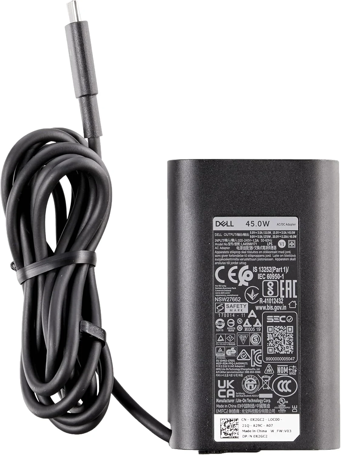 شارژر لپ تاپ باریک 45 واتی Dell USB-C، آداپتور برق Type-C، آداپتور AC با سیم 1 متری، قطعات OEM - مشکی