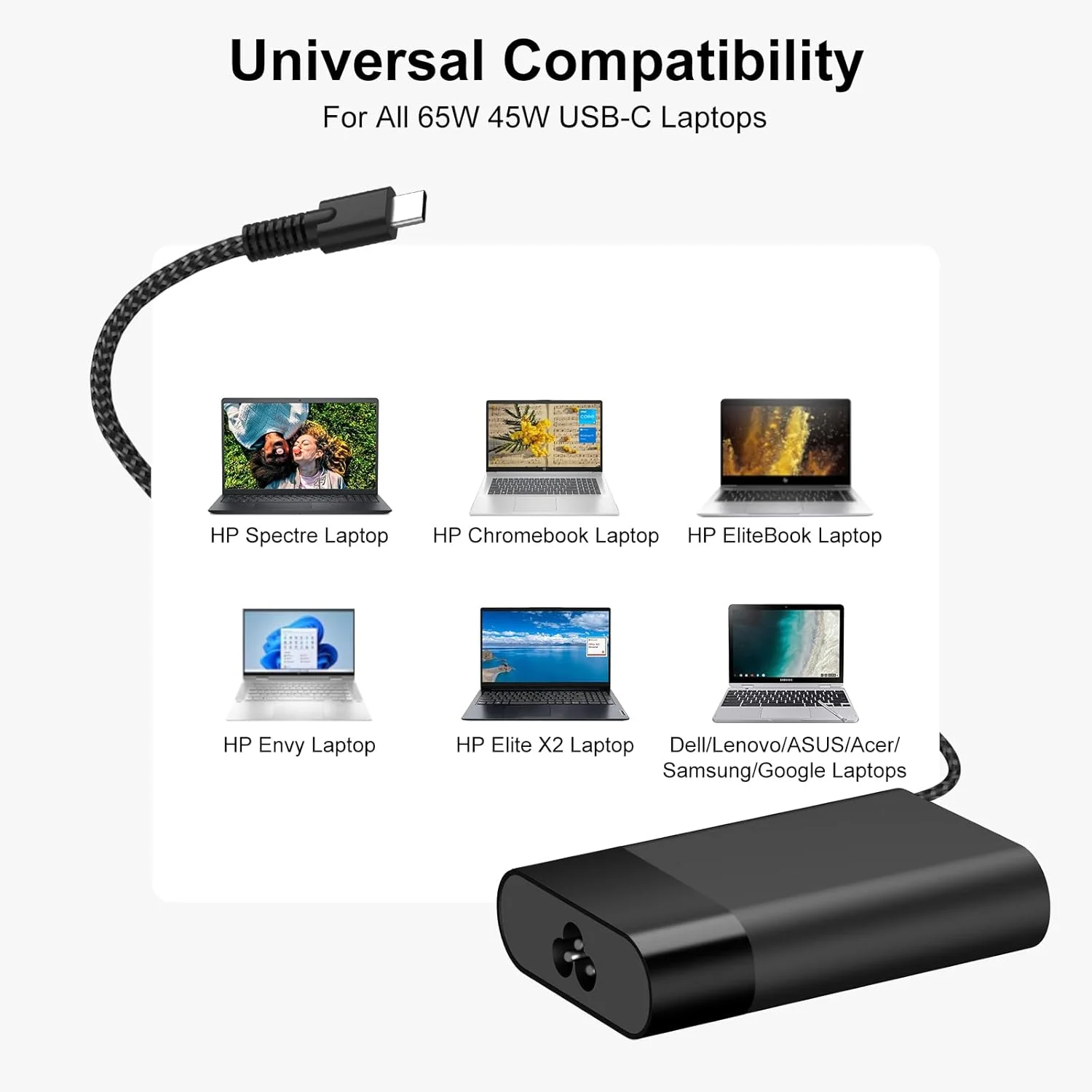 Charger Compatible with HP Laptop Chromebook 65W 45W USB C Fast Power Adapter, New Slim Replacement Type C Power Cord ﻿