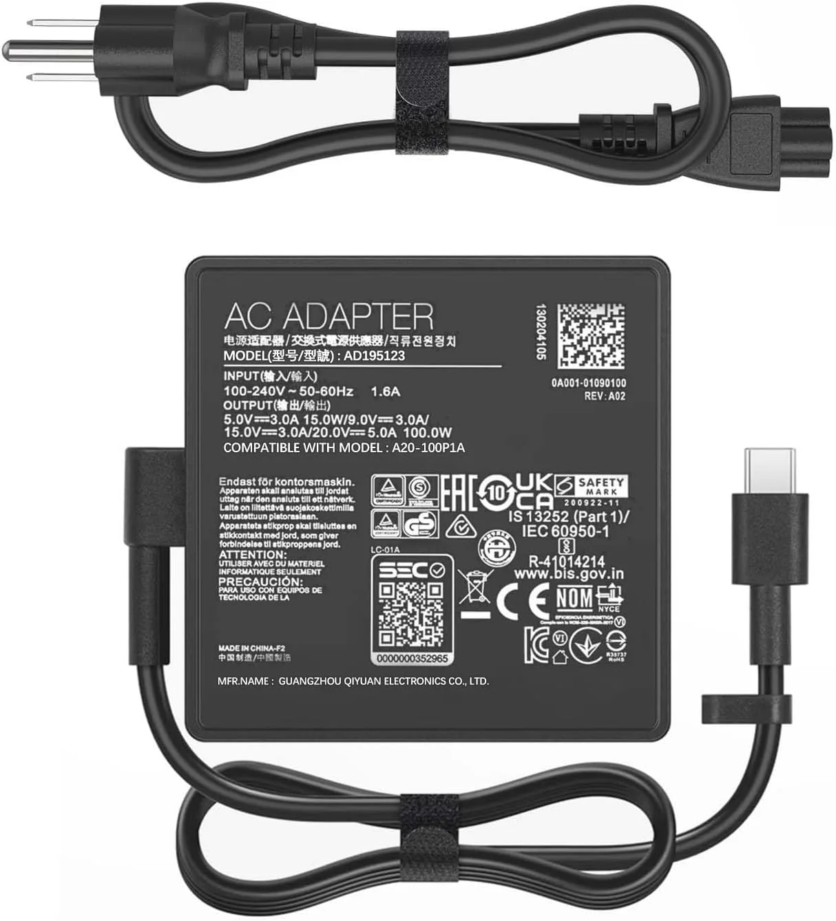 شارژر ۱۰۰ واتی USB C سازگار با ایسوس ZenBook 14 14X ROG Flow Z13 X13، آداپتور برق متناوب 20V/5A جایگزین A20-100P1A با PD 3.0، سازگار با GA401QM GV301 QA/QC UM425QA