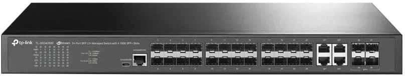 سوئیچ مدیریتی گیگابیتی 24 پورت TP-LINK JetStream L2+ با 4 اسلات 10GE SFP+ مدل TL-SG3428XF، دارای 24 پورت 1 گیگابیت بر ثانیه، IPv6، SNMP، RJ-45، ماژول رک 1U