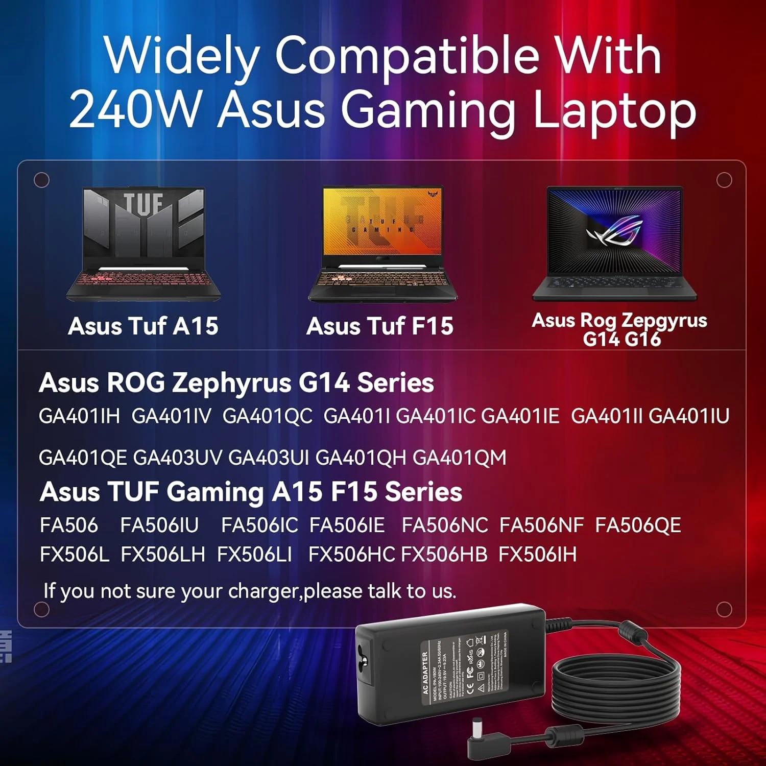 شارژر 240 واتی برای ایسوس ADP-240EB B سازگار با لپ تاپ های گیمینگ ایسوس Rog Zephyrus M16 G16 G15 G14 S15 S17 و TUF Dash A15 F15 A16 F16 A17 F17