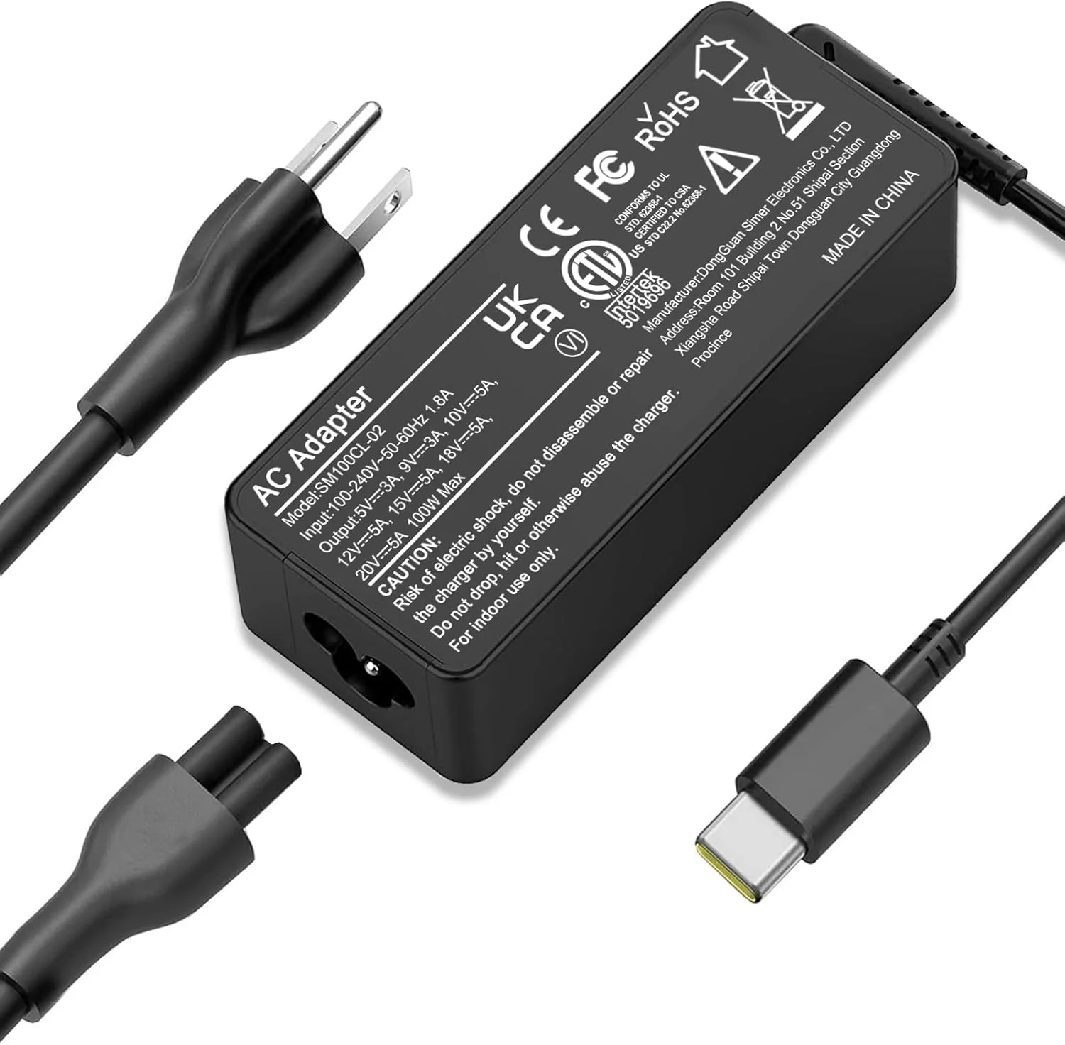شارژر لپ تاپ USB C، آداپتور برق 100 واتی AC جایگزین برای لنوو، ThinkPad، اچ پی، ایسوس، ایسر، مک بوک، MSI، دل، توشیبا، کروم بوک های یونیورسال با سیم برق Type C