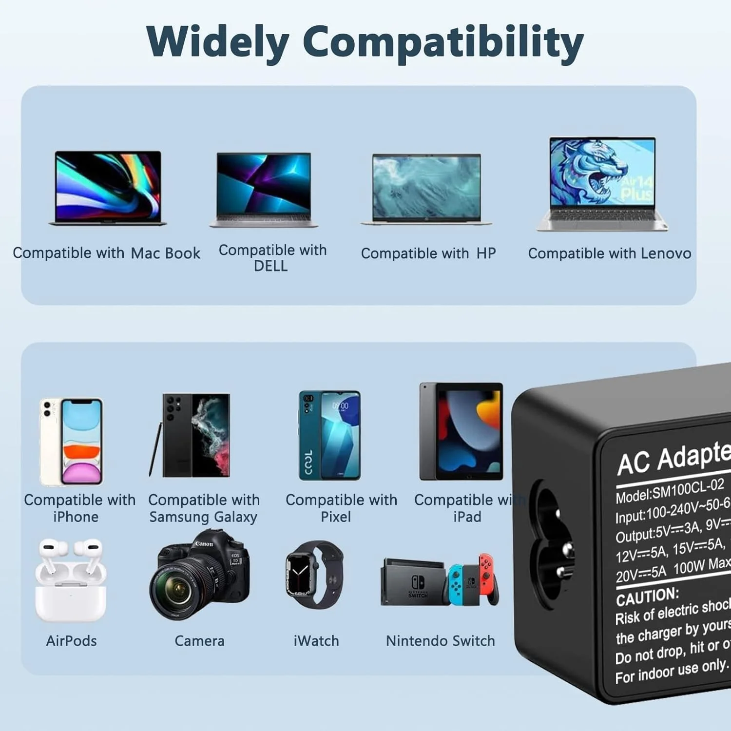 شارژر لپ تاپ USB C، آداپتور برق 100 واتی AC جایگزین برای لنوو، ThinkPad، اچ پی، ایسوس، ایسر، مک بوک، MSI، دل، توشیبا، کروم بوک های یونیورسال با سیم برق Type C