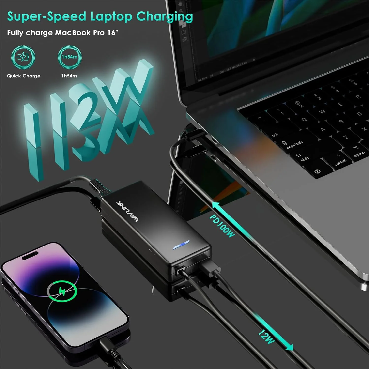شارژر لپ تاپ USB C 100W آداپتور برق لپ تاپ AC با خروجی USB A 12W برای مک بوک ایسوس هوآوی لنوو اچ پی دل سامسونگ ایسر توشیبا کروم بوک و غیره
