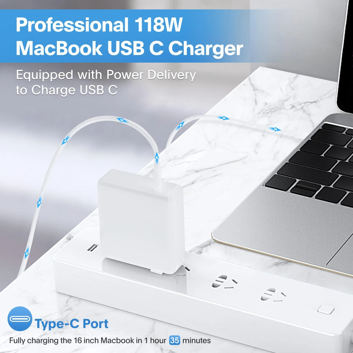 شارژر مک بوک پرو - آداپتور برق شارژ سریع 118 وات USB C سازگار با مک بوک پرو/مک بوک ایر 16 15 14 13 اینچ، M1 M2 M3 M4 M5، آیپد پرو جدید و همه دستگاه های USB C، کابل شارژ 6.6 فوت