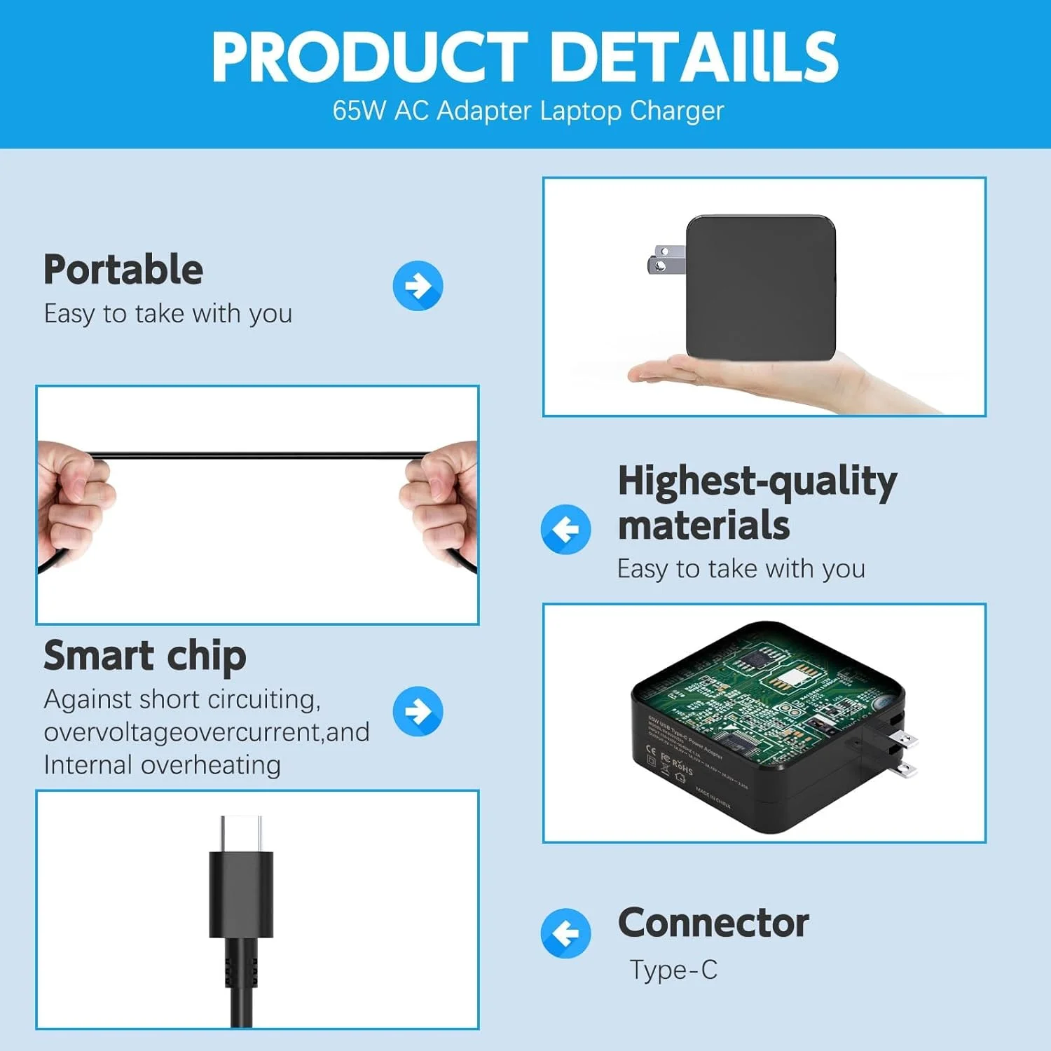 آداپتور برق شارژر لپ تاپ 65 واتی USB C، شارژر سریع USB-C سازگار با Asus Chromebook Flip C101 C204 C213 C223 C302C C403 C423 C425 C433 C434 C436 C523 CX22 CM3 CM5 CX5 به همراه سیم برق