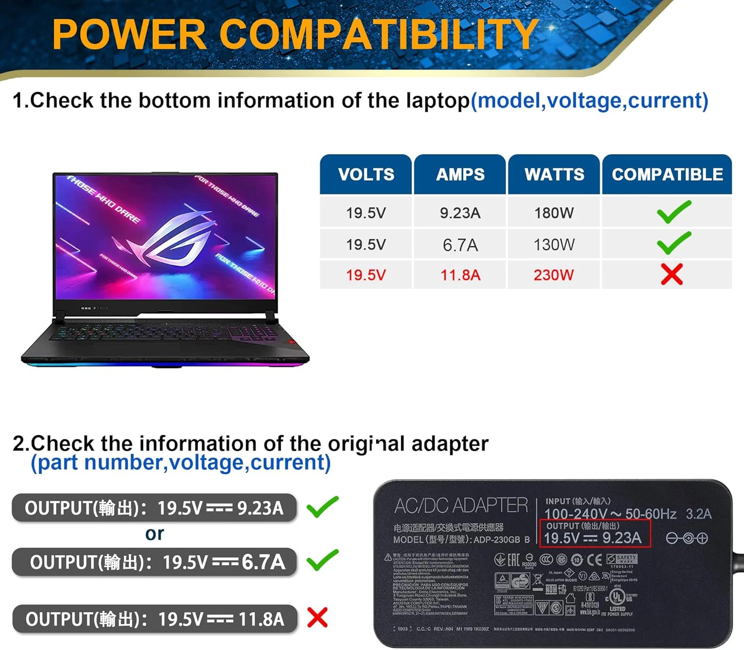 آداپتور شارژر 180 واتی جایگزین برای ایسوس راگ زفیروس مدل های ADP-180TB H G14 G15 GA401I GA502 GA502D GA502DU GA502IU GA401 GA401II GA401IV TUF505DT