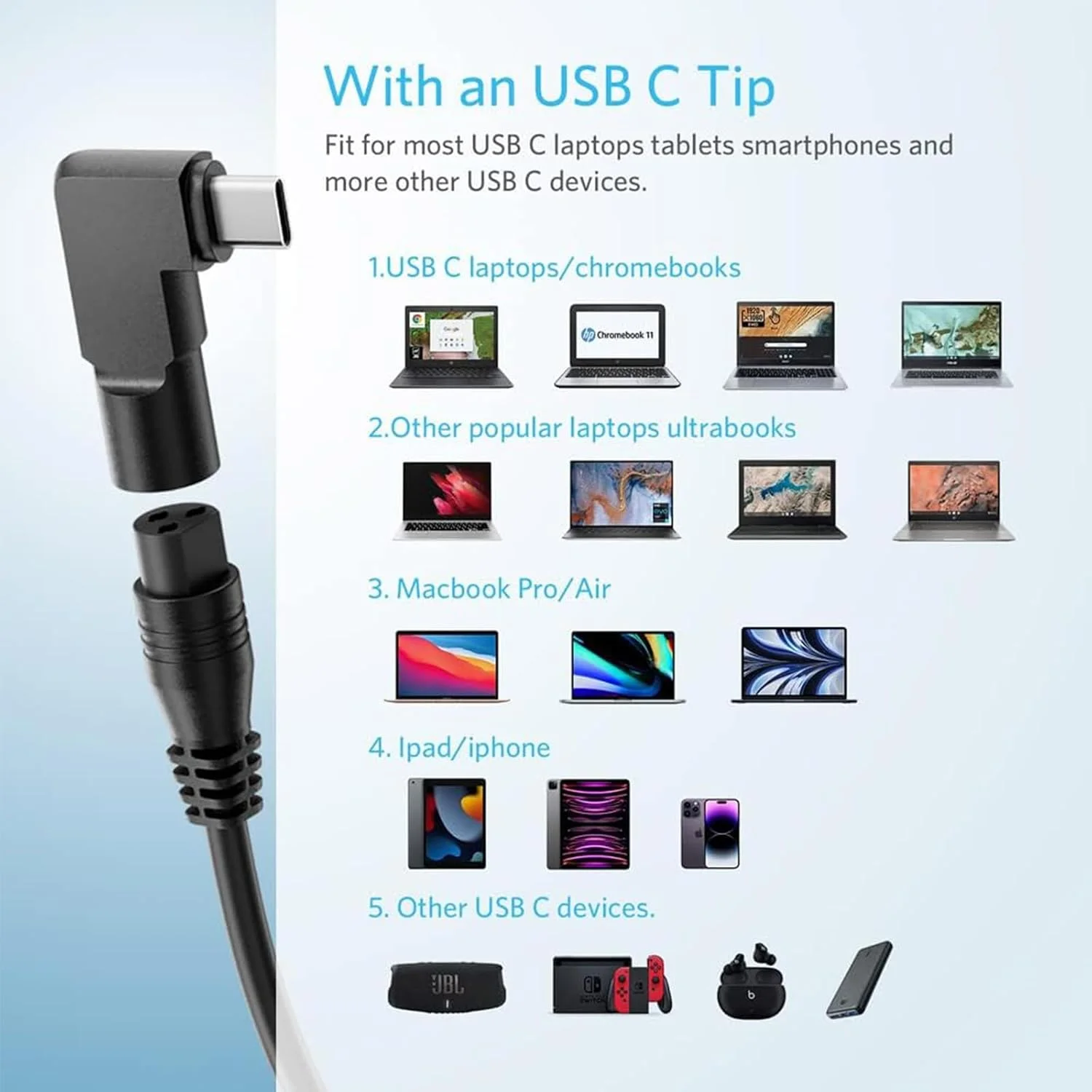 Universal Laptop Car Charger with USB C for HP Dell Asus Lenovo Samsung MacBook Pro Air Google Chromebook Ultrabook Notebook