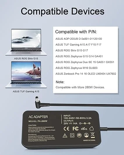 شارژر 280 واتی ADP-280EB B AC برای ایسوس ROG Strix G15 G16 G17 G18 Scar 15 17 G532 G533 G733C G732L Scar/Hero II G531 GL704 G731G Zephyrus G14 G15 G16 M15 M16 S15 S17 Duo 15 16 Flow X16 TUF A16 شارژر 280 واتی ADP-280EB B AC برای ایسوس ROG Strix G15 G16 G17 G18 Scar 15 17 G532 G533 G733C G732L Scar/Hero II G531 GL704 G731G Zephyrus G14 G15 G16 M15 M16 S15 S17 Duo 15 16 Flow X16 TUF A16
