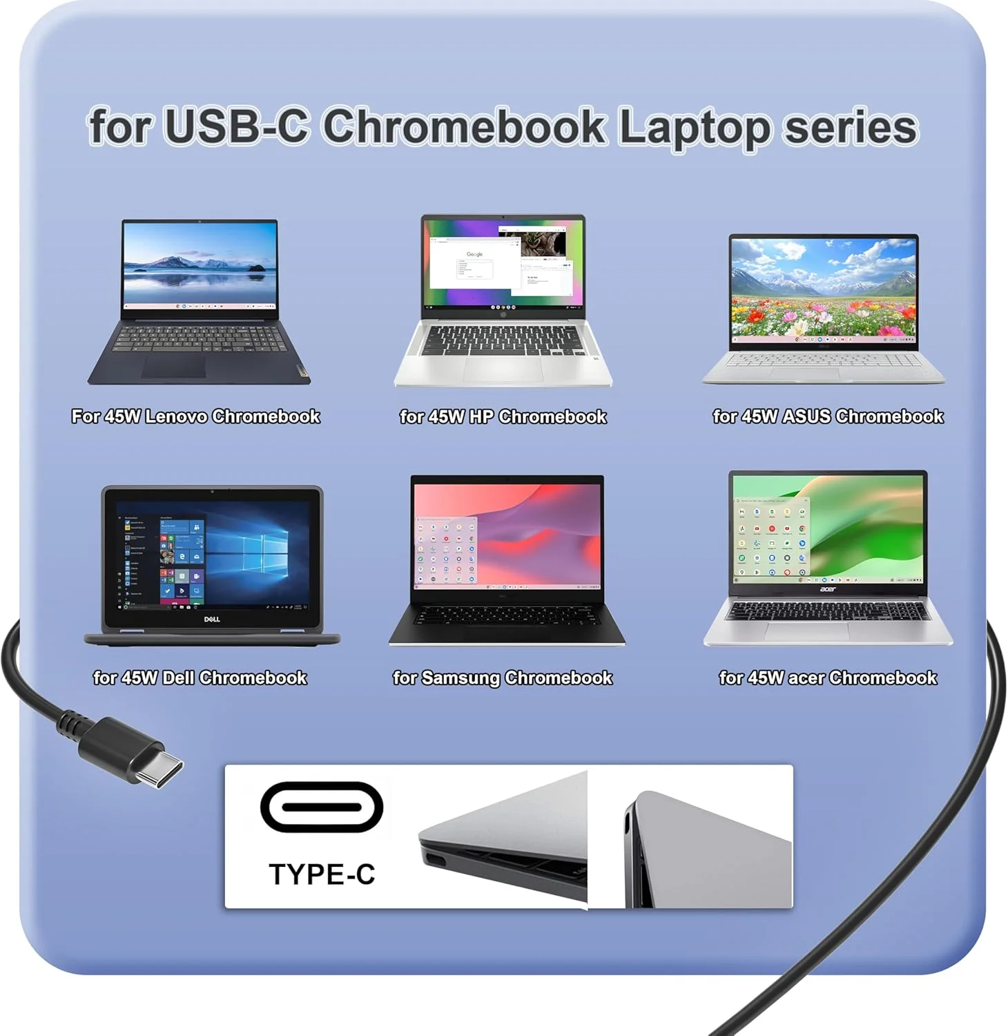 آداپتور لپ تاپ 45 واتی USB C سازگار با شارژر کروم بوک اچ پی، برای ایسر لنوو ایسوس سامسونگ گوگل با سیم برق تایپ سی آداپتور لپ تاپ 45 واتی USB C سازگار با شارژر کروم بوک اچ پی، برای ایسر لنوو ایسوس سامسونگ گوگل با سیم برق تایپ سی