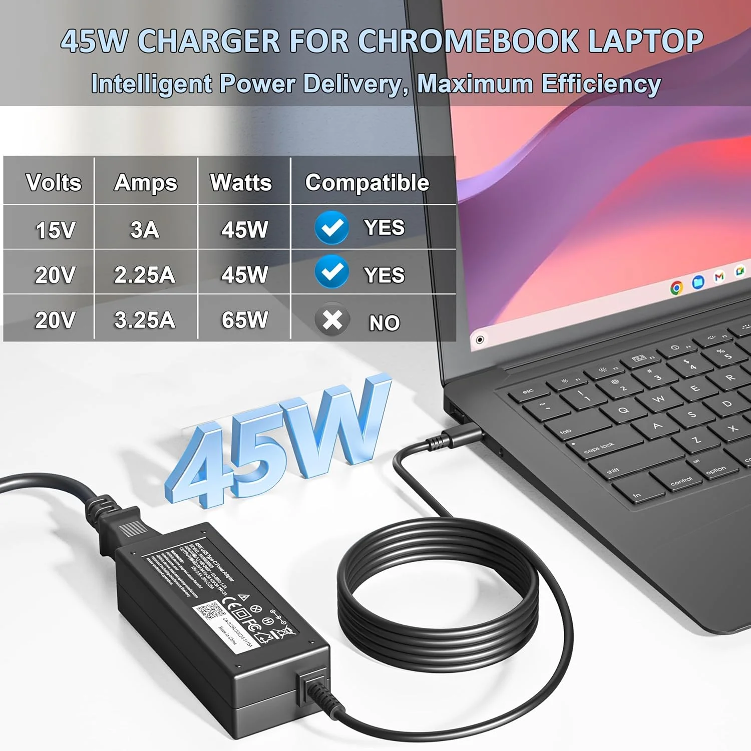 آداپتور لپ تاپ 45 واتی USB C سازگار با شارژر کروم بوک اچ پی، برای ایسر لنوو ایسوس سامسونگ گوگل با سیم برق تایپ سی آداپتور لپ تاپ 45 واتی USB C سازگار با شارژر کروم بوک اچ پی، برای ایسر لنوو ایسوس سامسونگ گوگل با سیم برق تایپ سی