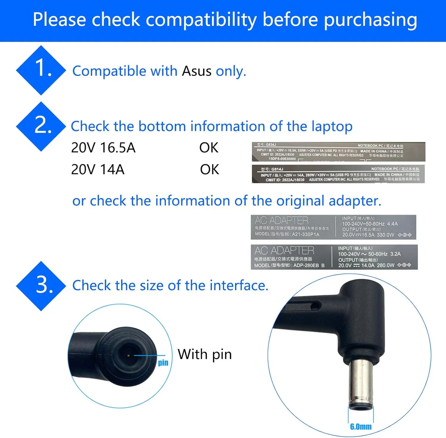 آداپتور AC 330W 20V 16.5A A22-330P1A مناسب برای لپتاپهای ASUS ROG Strix Scar 16 17 18، ASUS Strix G16 G17 G18 G634JY G634JZ G733PZ G733PY G733P G733 G733CX G814JI G834JY ROG Zephyrus Duo 16 آداپتور AC 330W 20V 16.5A A22-330P1A مناسب برای لپتاپهای ASUS ROG Strix Scar 16 17 18، ASUS Strix G16 G17 G18 G634JY G634JZ G733PZ G733PY G733P G733 G733CX G814JI G834JY ROG Zephyrus Duo 16