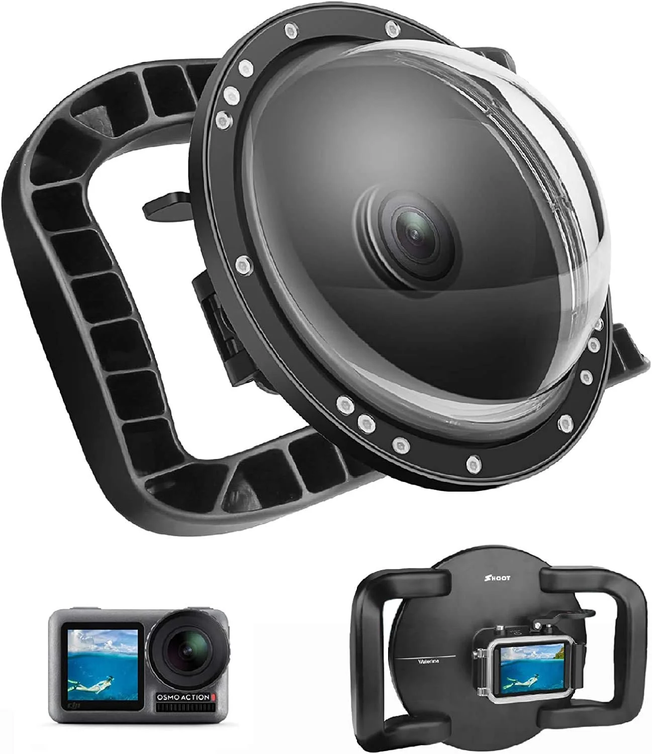 پورت گنبدی SHOOT برای دوربین DJI OSMO Action 1 - محفظه ضد آب، سبک وزن، پایدار، دارای دو دسته تثبیت کننده، برای گرفتن آسان تر عکس ها/فیلم های زیر آب، ماشه بزرگ شده، جعبه ضد آب کلی