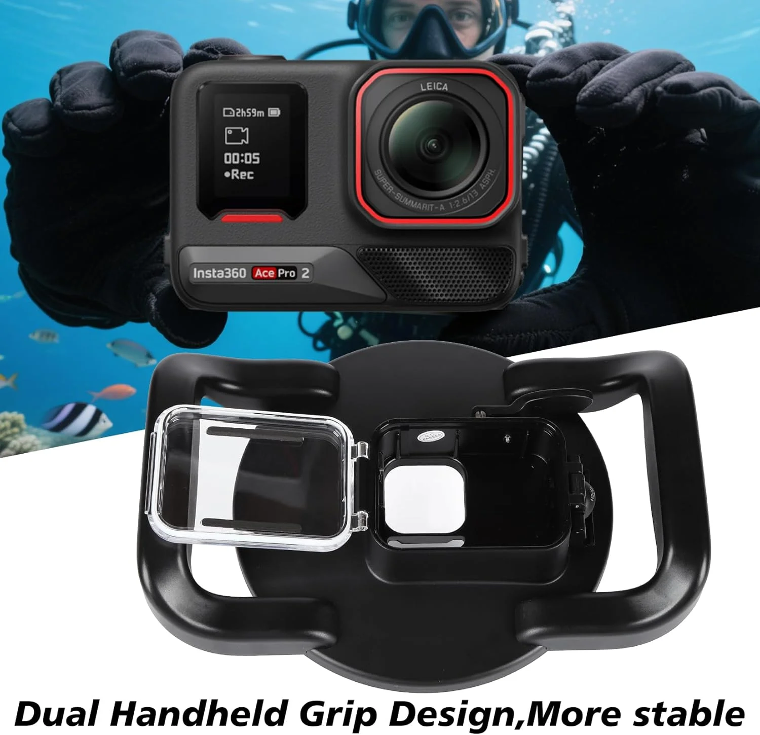 محفظه محافظ ضد آب پورت Dome برای Insta360 Ace Pro 2، محفظه زیر آب مقاوم در برابر آب تا عمق 30 متر با دسته دوگانه برای دوربین اکشن Insta360 Ace Pro 2