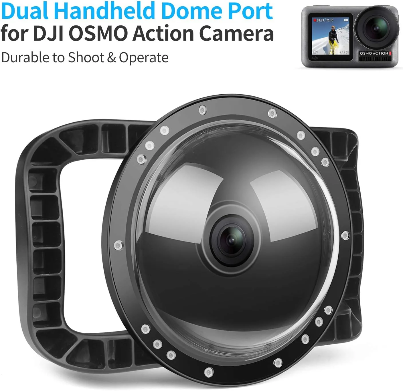 پورت گنبدی SHOOT برای دوربین DJI OSMO Action 1 - محفظه ضد آب، سبک وزن، پایدار، دارای دو دسته تثبیت کننده، برای گرفتن آسان تر عکس ها/فیلم های زیر آب، ماشه بزرگ شده، جعبه ضد آب کلی