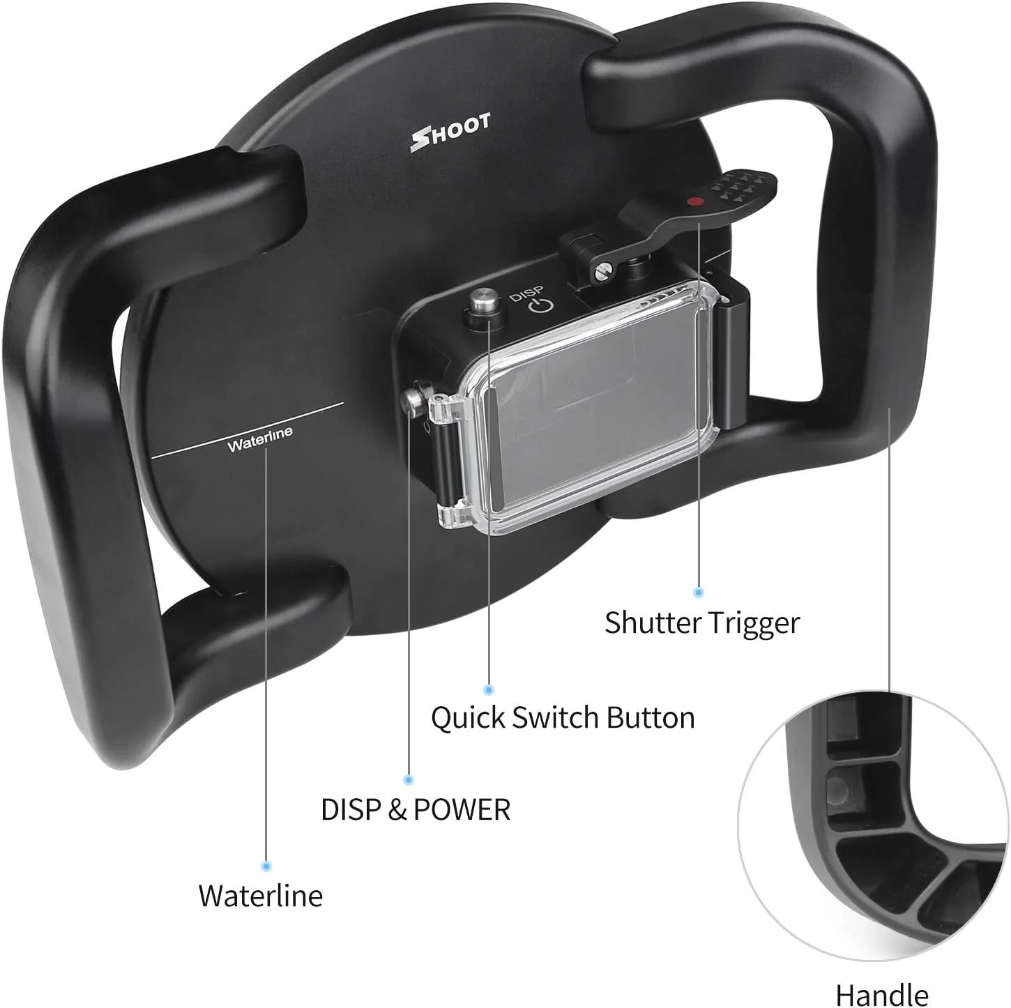 پورت گنبدی SHOOT برای دوربین DJI OSMO Action 1 - محفظه ضد آب، سبک وزن، پایدار، دارای دو دسته تثبیت کننده، برای گرفتن آسان تر عکس ها/فیلم های زیر آب، ماشه بزرگ شده، جعبه ضد آب کلی