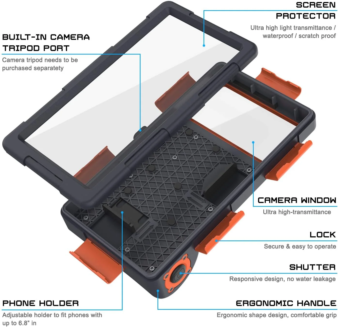 محفظه ضد آب پانک‌کیس مناسب غواصی، اسنورکلینگ و اسنوبرد | دارای دکمه شاتر | گوشی خود را به یک دوربین زیرآبی تمام‌عیار تبدیل کنید [نارنجی]