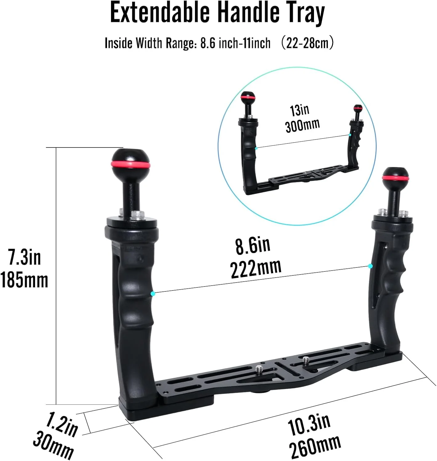 سینی دوربین زیرآبی NS10 با دستگیره‌های قابل افزایش طول، براکت برای دوربین‌های gopro، pt059، rx100 uw، محفظه دوربین با دستگیره نرم جهانی با مواد آلومینیومی و لاستیکی (مشکی)
