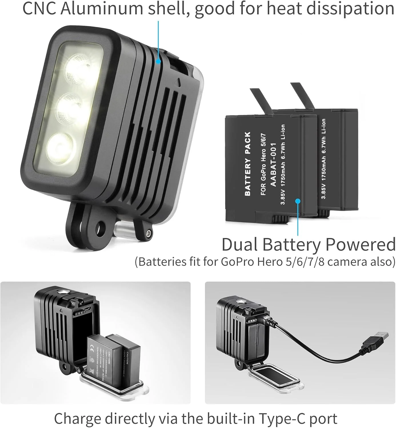 SOONSUN Rechargeable Diving Light - 450 Lumens High Power LED Video Light, Waterproof 164ft, Dimmable Underwater Fill Light for GoPro Hero 13/12/11/10/9/8/7/6/5/4/3+/3, DJI Osmo Action 4 5 Pro Camera