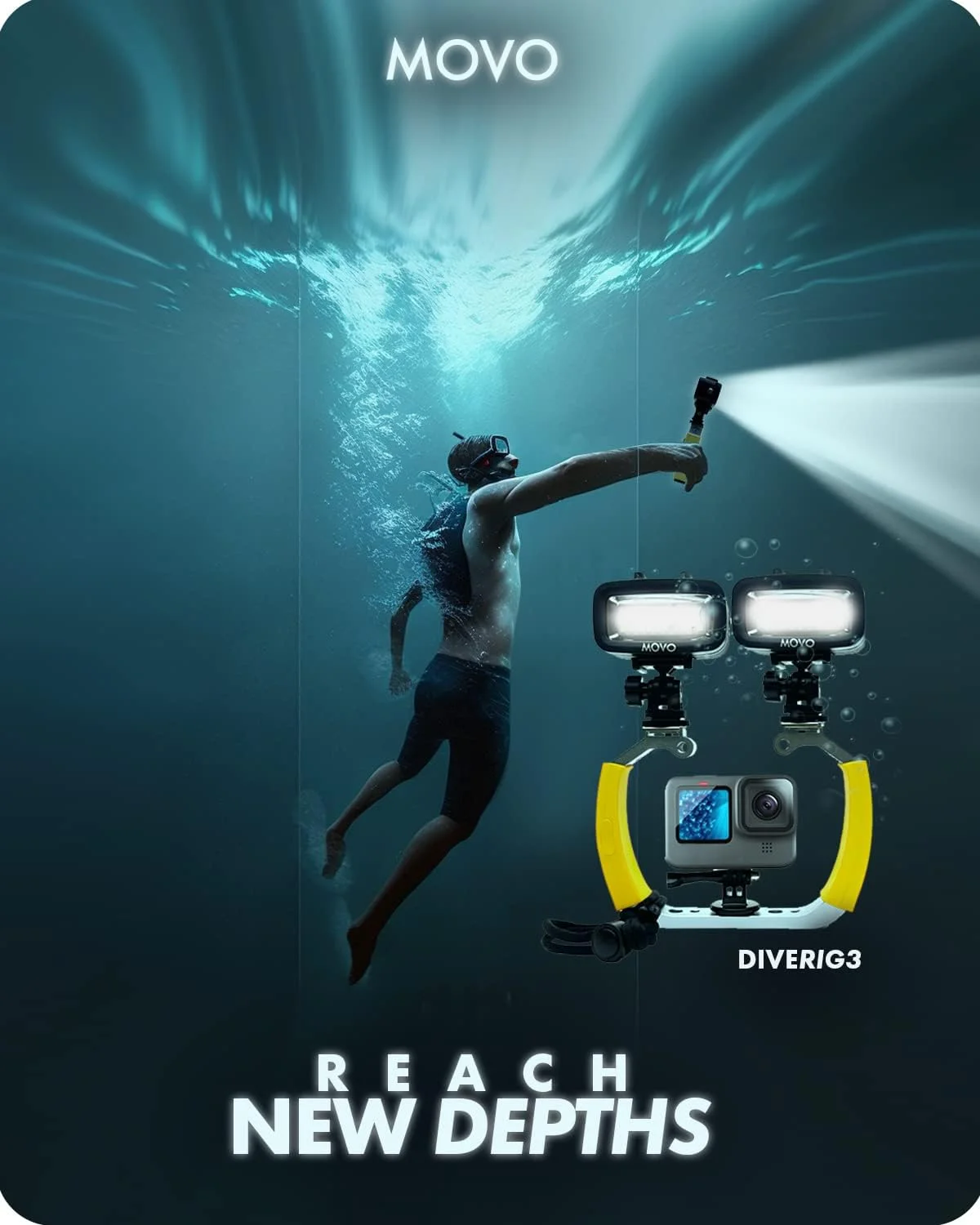 بسته دایو ریگ 3 موو با 2 چراغ LED ضد آب - سازگار با GoPro HERO3, HERO4, HERO5, HERO6, HERO7, HERO8 و DJI Osmo Action Cam - لوازم جانبی غواصی برای دوربین زیر آب