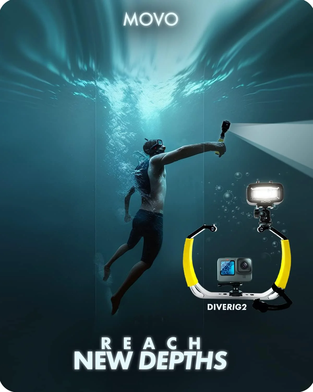 بسته کامل ریگ غواصی Movo DiveRig2 XL با چراغ LED ضد آب - سازگار با GoPro HERO, HERO5, HERO6, HERO7, HERO8, HERO9, HERO10 و دوربین های اکشن ضد آب - لوازم جانبی غواصی برای دوربین زیر آب