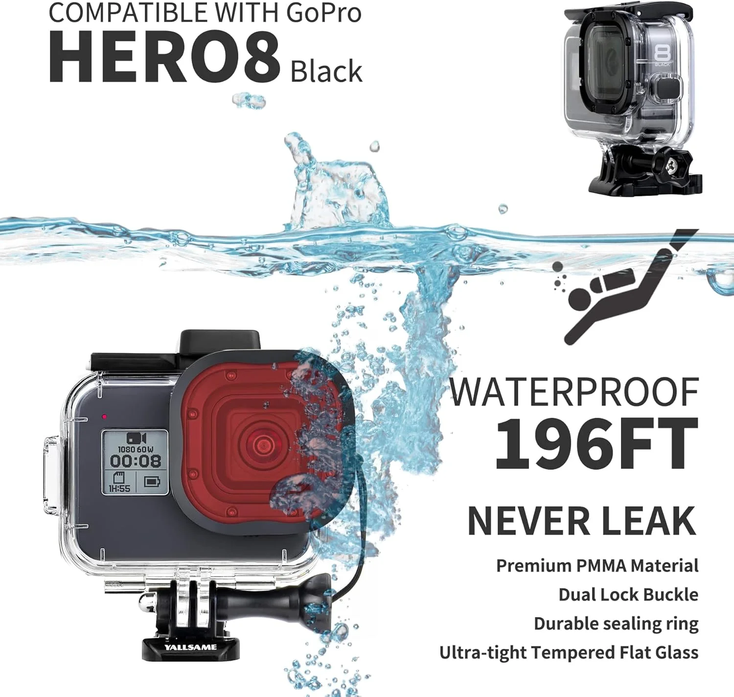 محفظه ضد آب با فیلترهای غواصی برای دوربین GoPro Hero 8 Black تا عمق 60 متری، کیت لوازم جانبی محافظ زیر آب برای دوربین اکشن GoPro 8 Black