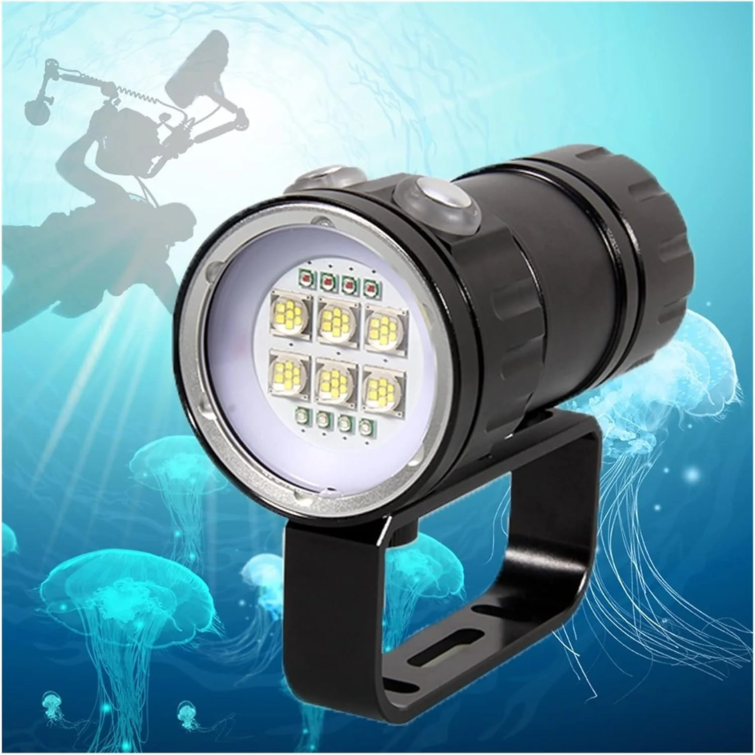 چراغ غواصی لومن، چراغ پرکننده با 3 منبع نور، چراغ عکاسی زیر آب 9090XML2*7، چراغ قوه پرقدرت، چراغ قرمز، آبی و سفید، چراغ قوه بسیار روشن (رنگ: پکیج B، سایز: 1)