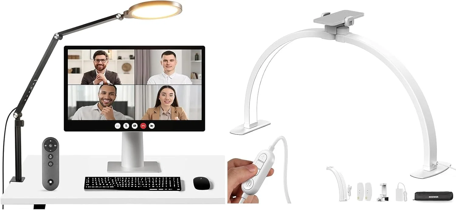 نور حلقه ای رومیزی 18 واتی NEEWER Basics R18 7 اینچی و لامپ ناخن نیمه ماه HM02-D 29 اینچی، نور حلقه ای LED تمام صفحه با پایه/بازو/گیره C، نورپردازی سلفی تلفن برای ضبط استریم کنفرانس ویدیویی آرایش