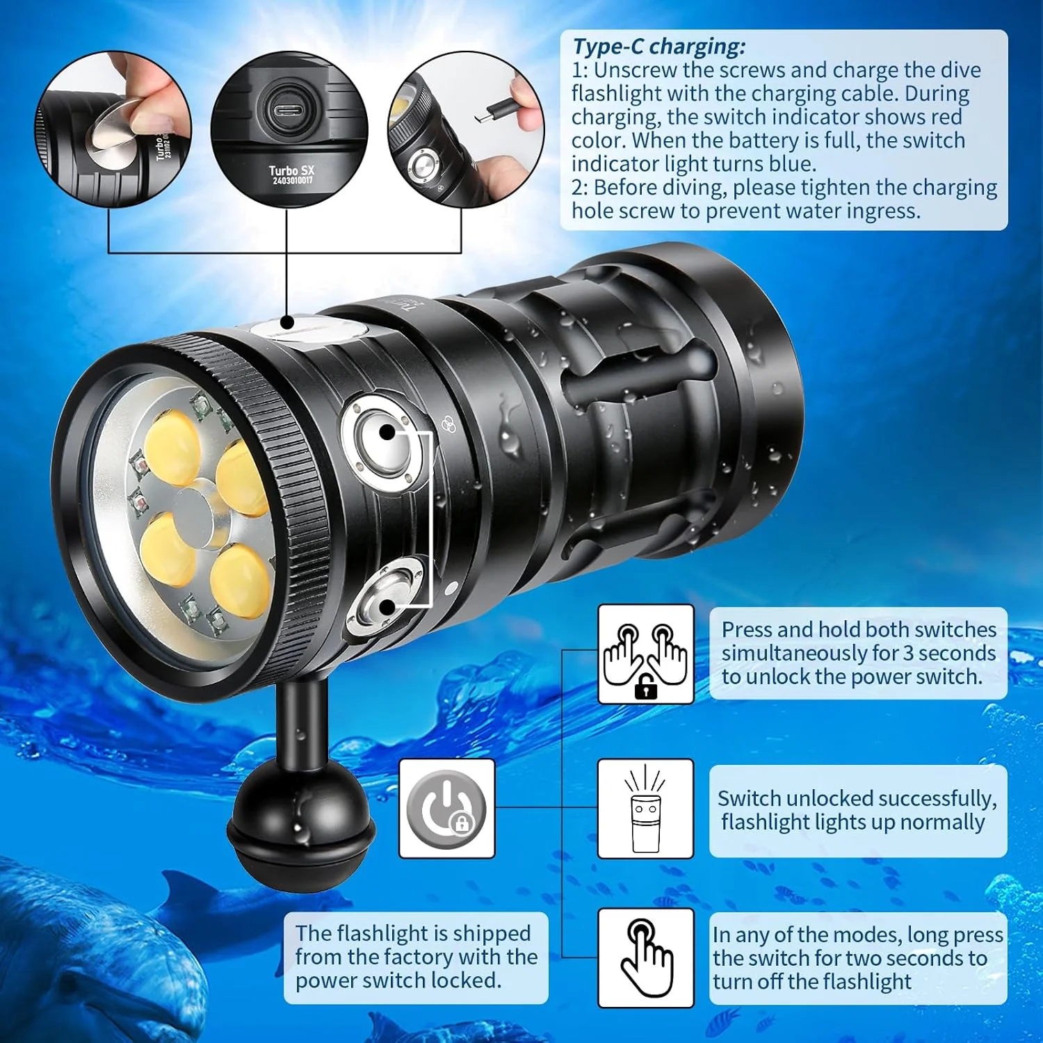 چراغ غواصی توربو SX، 11000 لومن، نور ویدئویی زیر آب 100 متری، چراغ قوه غواصی، چراغ غواصی اسکوبا، چراغ قوه ضد آب برای ورزش های زیر آب، فیلمبرداری و عکاسی زیر آب چراغ غواصی توربو SX، 11000 لومن، نور ویدئویی زیر آب 100 متری، چراغ قوه غواصی، چراغ غواصی اسکوبا، چراغ قوه ضد آب برای ورزش های زیر آب، فیلمبرداری و عکاسی زیر آب