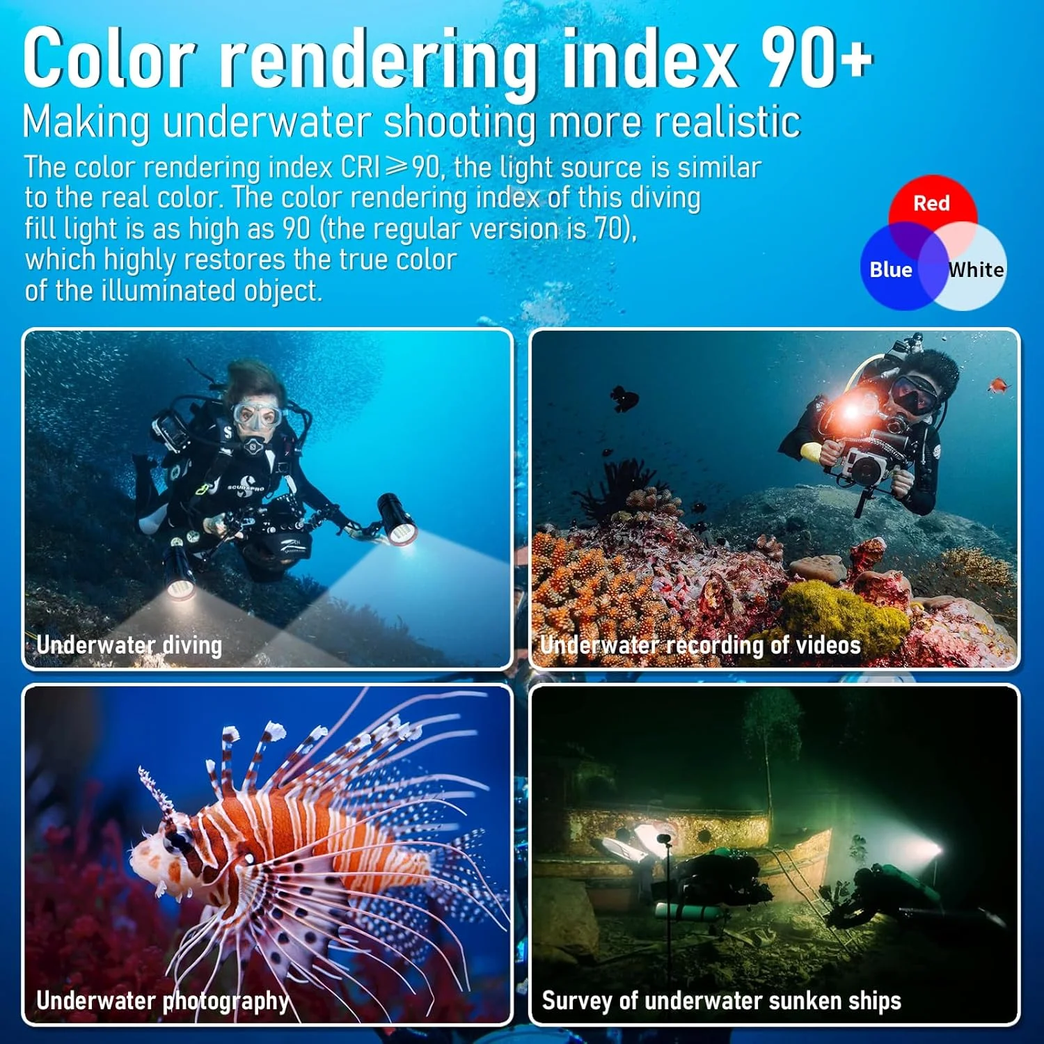 چراغ غواصی B15، چراغ قوه زیر آبی 8000 لومن، چراغ های ویدیویی زیر آب 80 متری، چراغ قوه غواصی برای ورزش های زیر آب، فیلمبرداری و عکاسی زیر آب