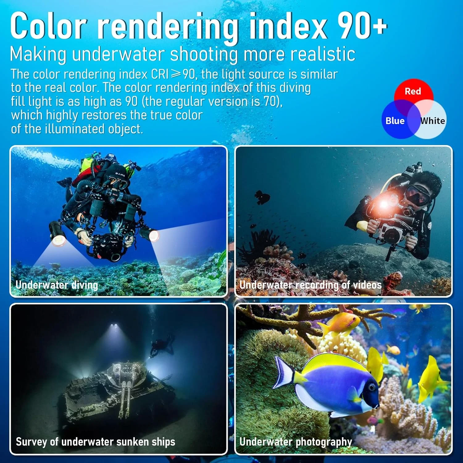 چراغ غواصی B24، چراغ قوه زیر آب 9000 لومن، چراغ های ویدیویی زیر آب 80 متری، چراغ قوه غواصی برای ورزش های آبی، فیلمبرداری و عکاسی زیر آب