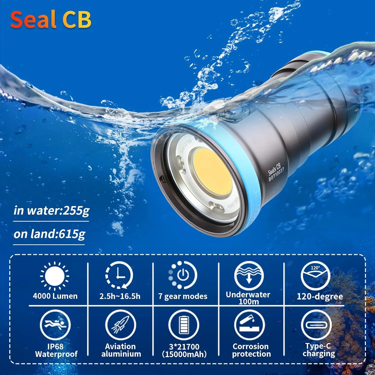 چراغ غواصی سیل CB 4000 لومن برای عکاسی زیر آب، چراغ ویدئویی زیر آب 100 متری 94 CRI با زاویه پرتو گسترده 120 درجه، چراغ قوه غواصی برای نور پرکننده عکاسی غواصی حرفه ای