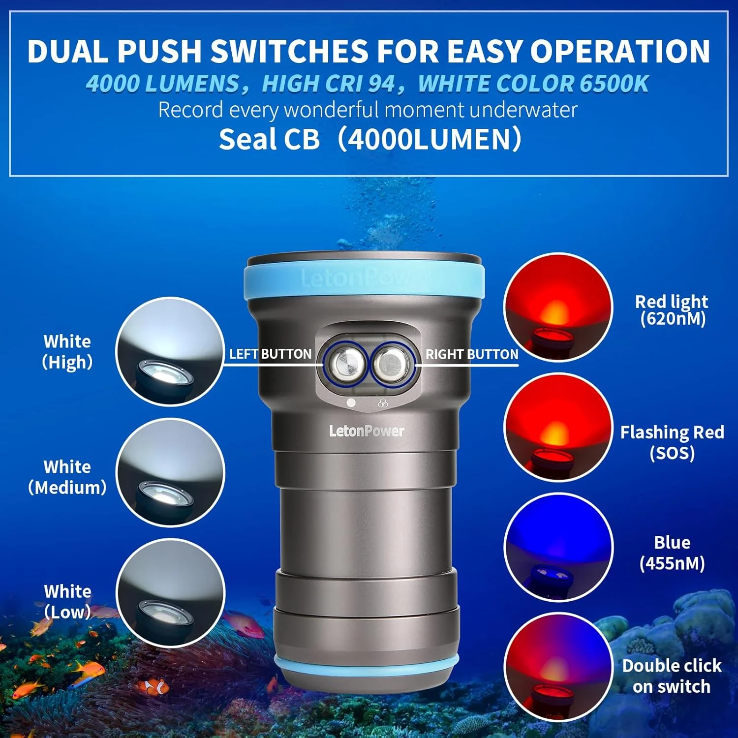 چراغ غواصی سیل CB 4000 لومن برای عکاسی زیر آب، چراغ ویدئویی زیر آب 100 متری 94 CRI با زاویه پرتو گسترده 120 درجه، چراغ قوه غواصی برای نور پرکننده عکاسی غواصی حرفه ای