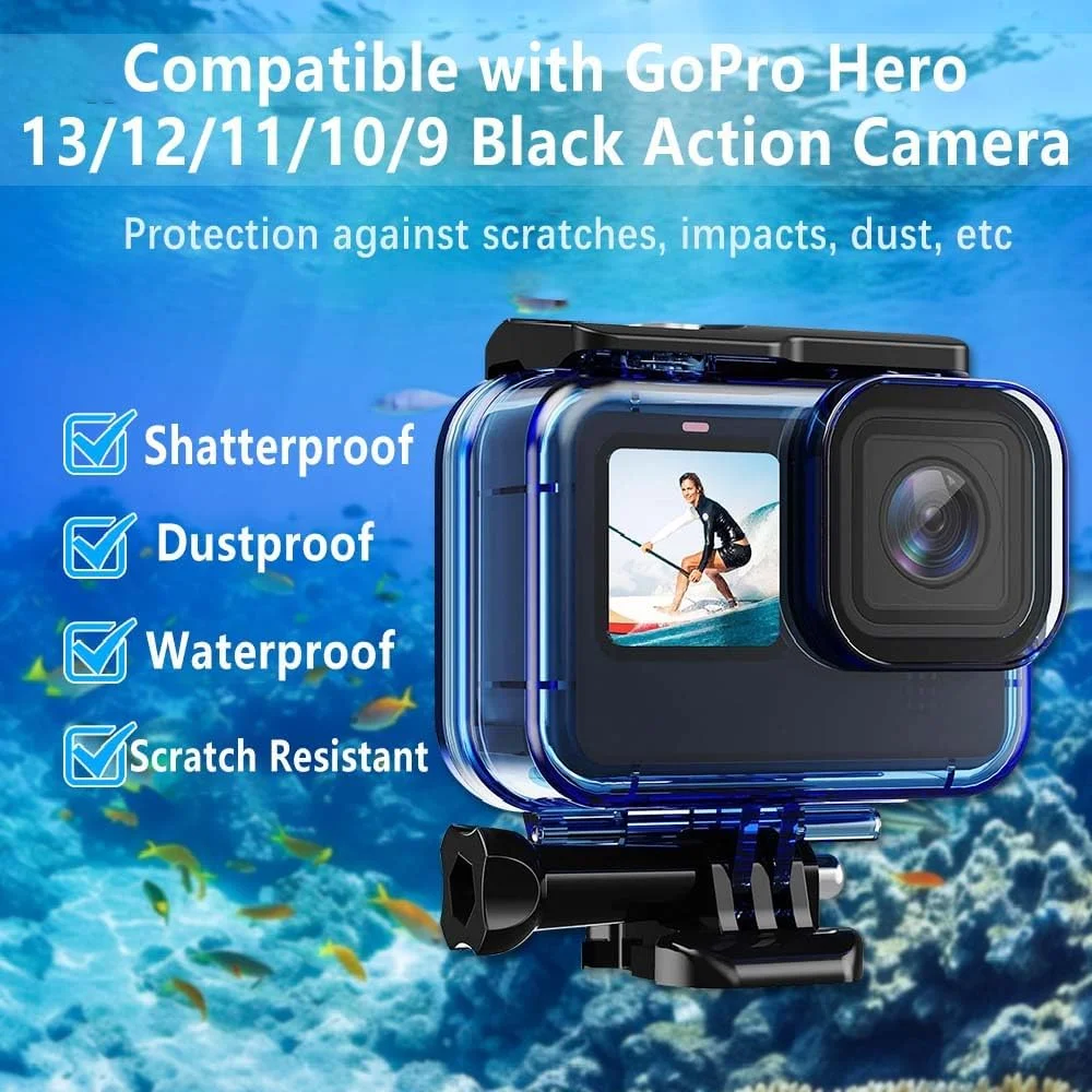 محفظه ضد آب برای دوربین های اکشن GoPro Hero 13/12/11/10/9 Black به همراه فیلتر غواصی و کیت لنزهای اصلاح رنگ 3 عددی