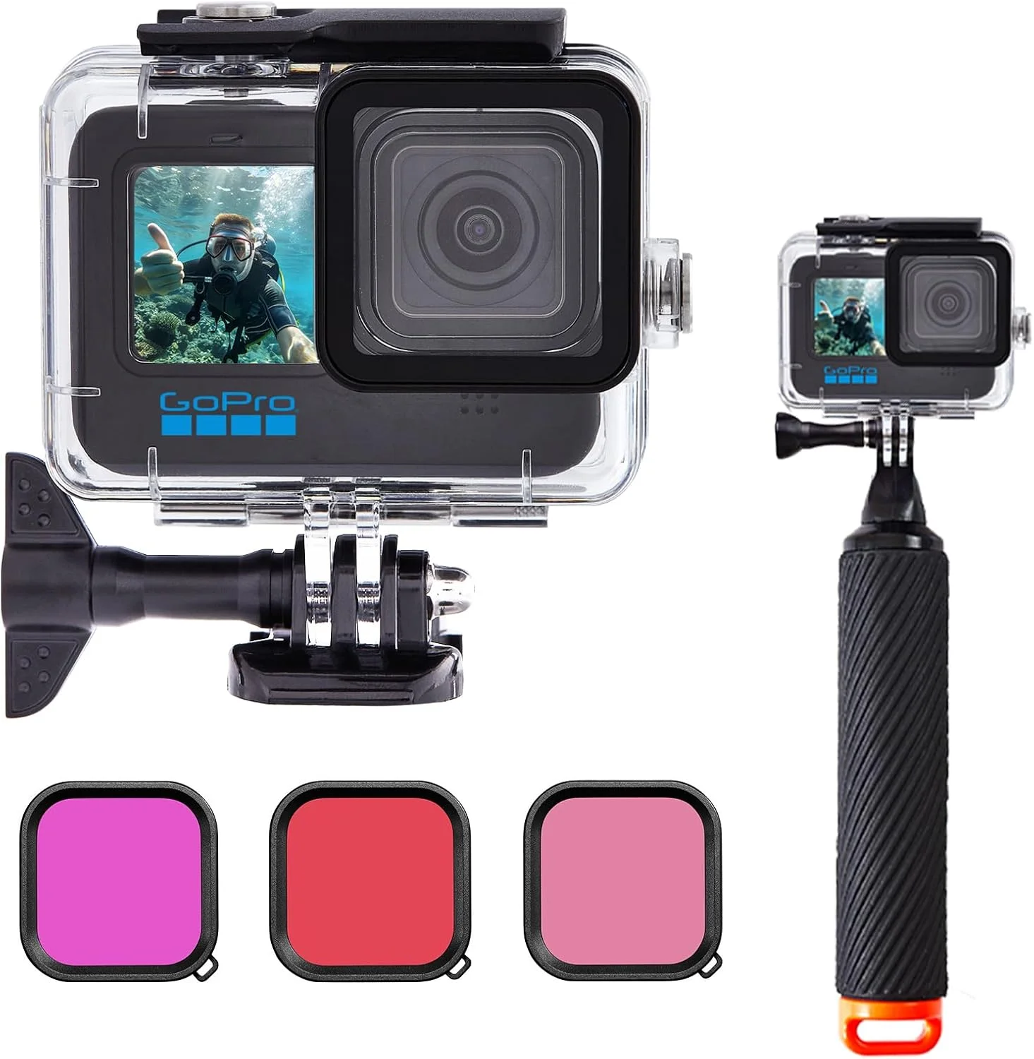محفظه ضد آب دوربین به همراه مجموعه فیلترهای غواصی و دسته شناور برای دوربین های اکشن GoPro Hero 9/10/11/12/13، محفظه محافظ زیر آب تا عمق 60 متر