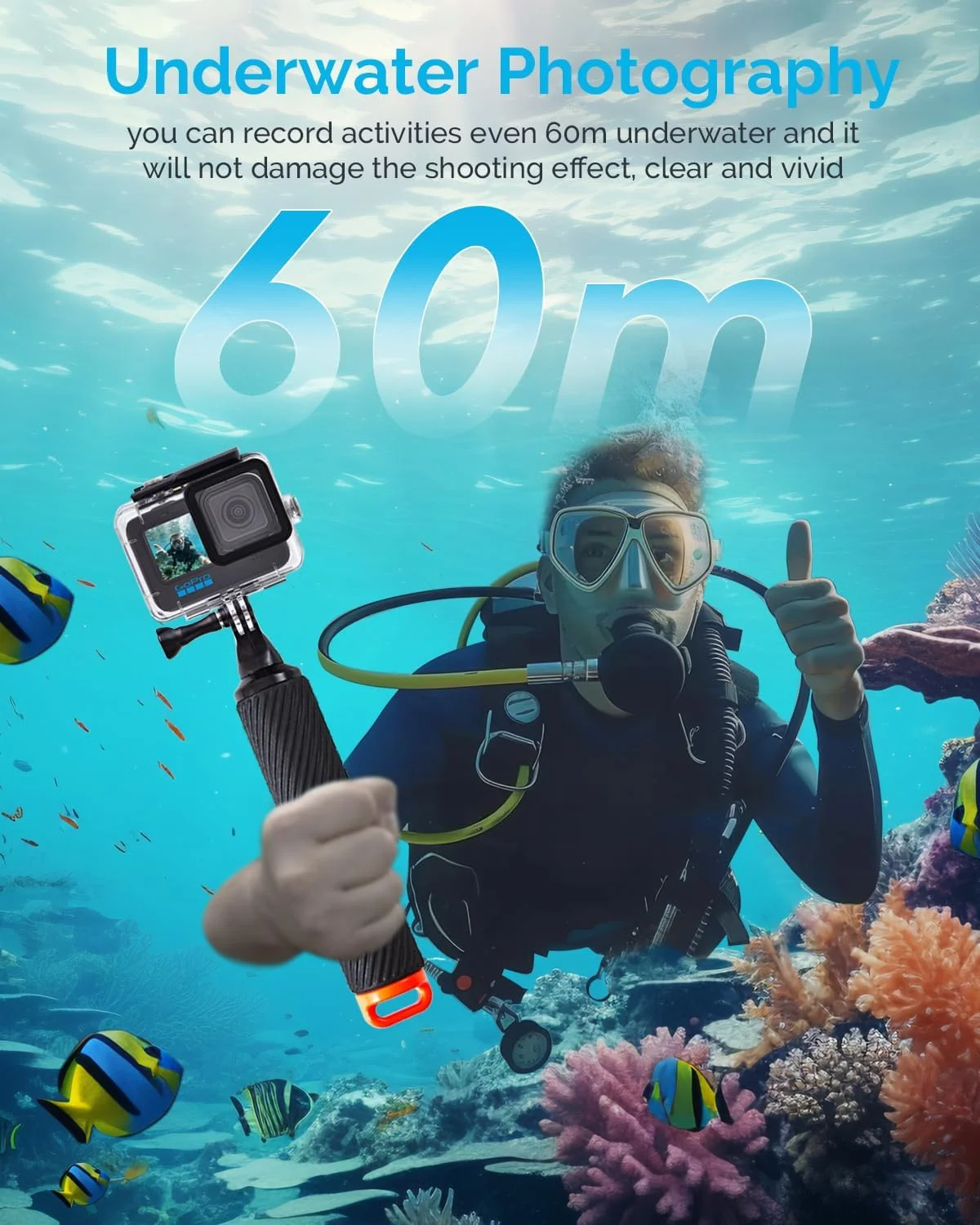 محفظه ضد آب دوربین به همراه مجموعه فیلترهای غواصی و دسته شناور برای دوربین های اکشن GoPro Hero 9/10/11/12/13، محفظه محافظ زیر آب تا عمق 60 متر