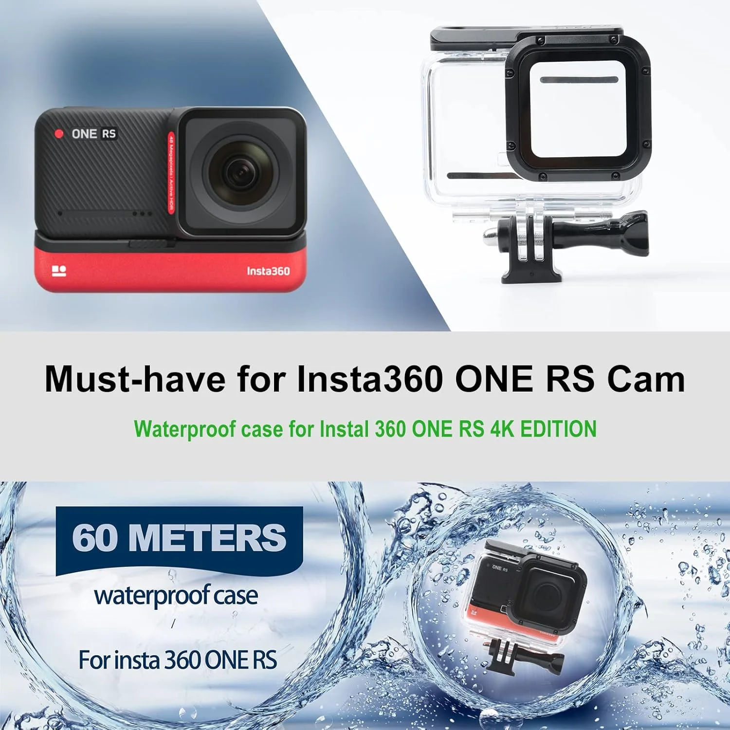 محفظه ضد آب برای Insta360 ONE RS 4K Edition، پوسته محافظ غواصی زیر آب 60 متری با لوازم جانبی براکت