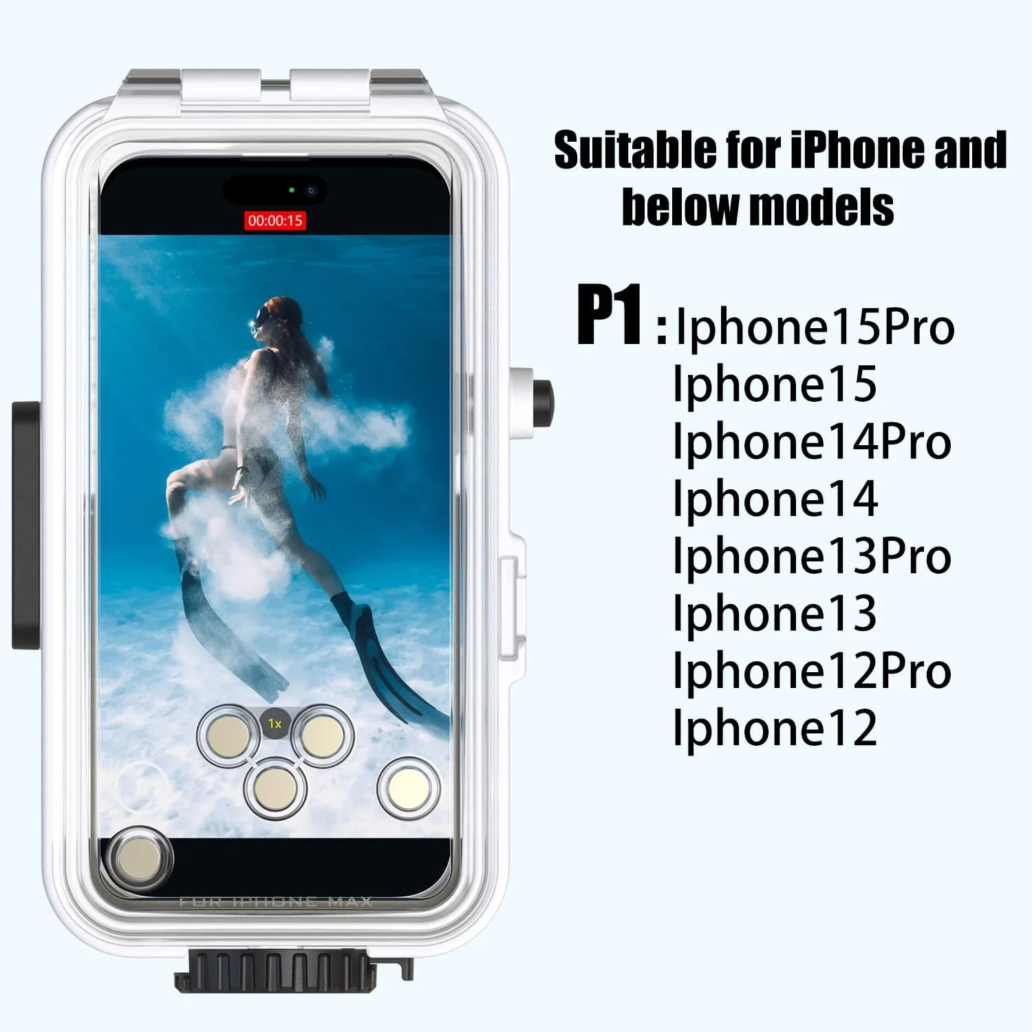 محفظه ضد آب غواصی VOEAIN برای آیفون 15 پرو / 15 / 14 پرو / 14 / 13 پرو / 13 / 12 پرو / 12، مناسب برای عکاسی در زیر آب تا عمق 40 متری، ایده آل برای موج سواری، غواصی سطحی و شناور ماندن (P1)