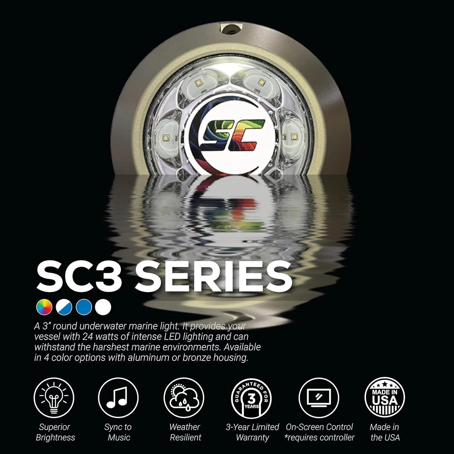 چراغ LED زیرآبی قایق Shadow-Caster SC3 3 اینچی برنزی - سفید عالی - 24 وات - لنز شیشه ای حرارت دیده چراغ LED زیرآبی قایق Shadow-Caster SC3 3 اینچی برنزی - سفید عالی - 24 وات - لنز شیشه ای حرارت دیده