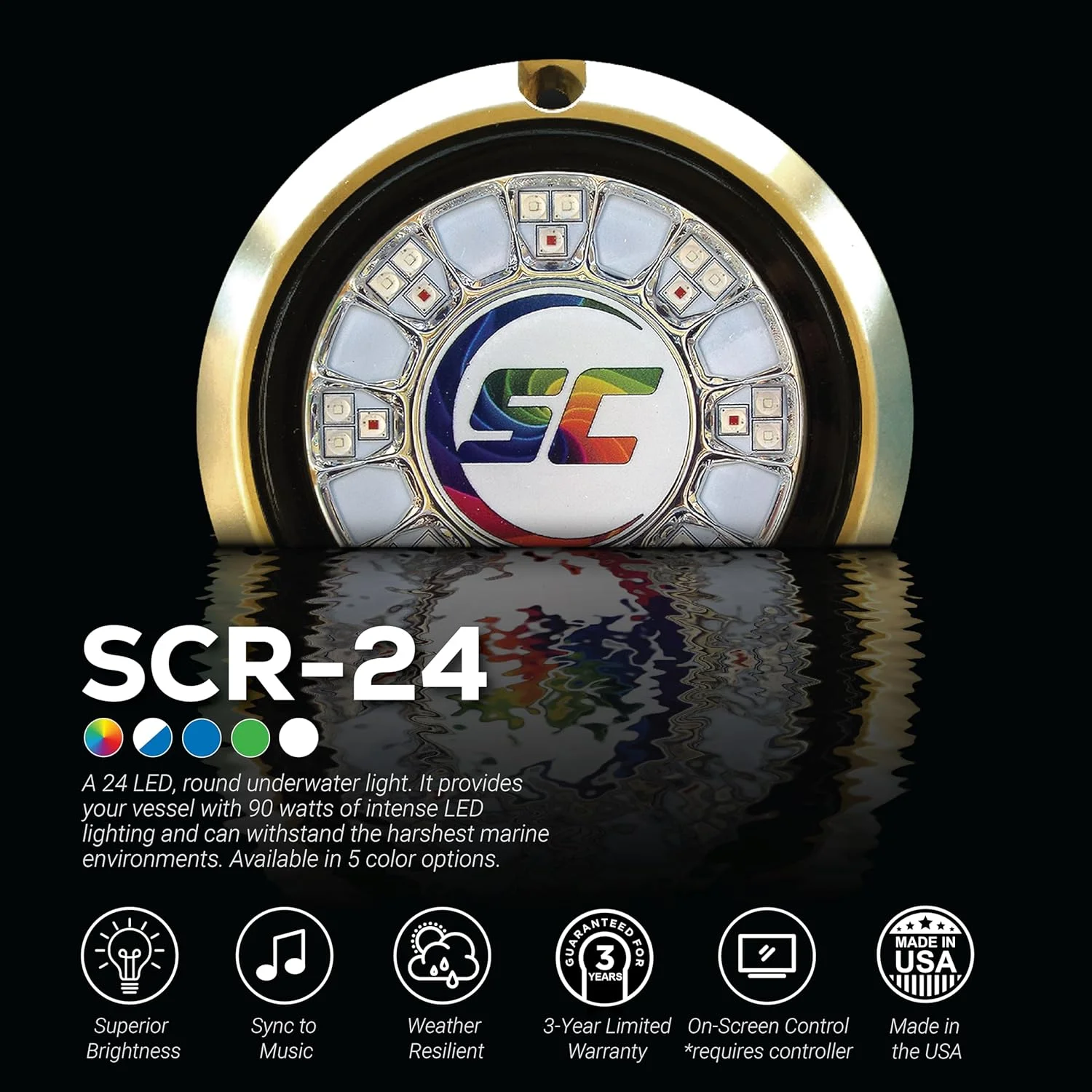 چراغ LED زیرآبی قایق Shadow-Caster SCR-24 - تغییر رنگ (RGBW) - بدنه برنزی - نصب سطحی 90 وات - لنز شیشه ای حرارت دیده - ضد آب IP68 کاملا غوطه ور